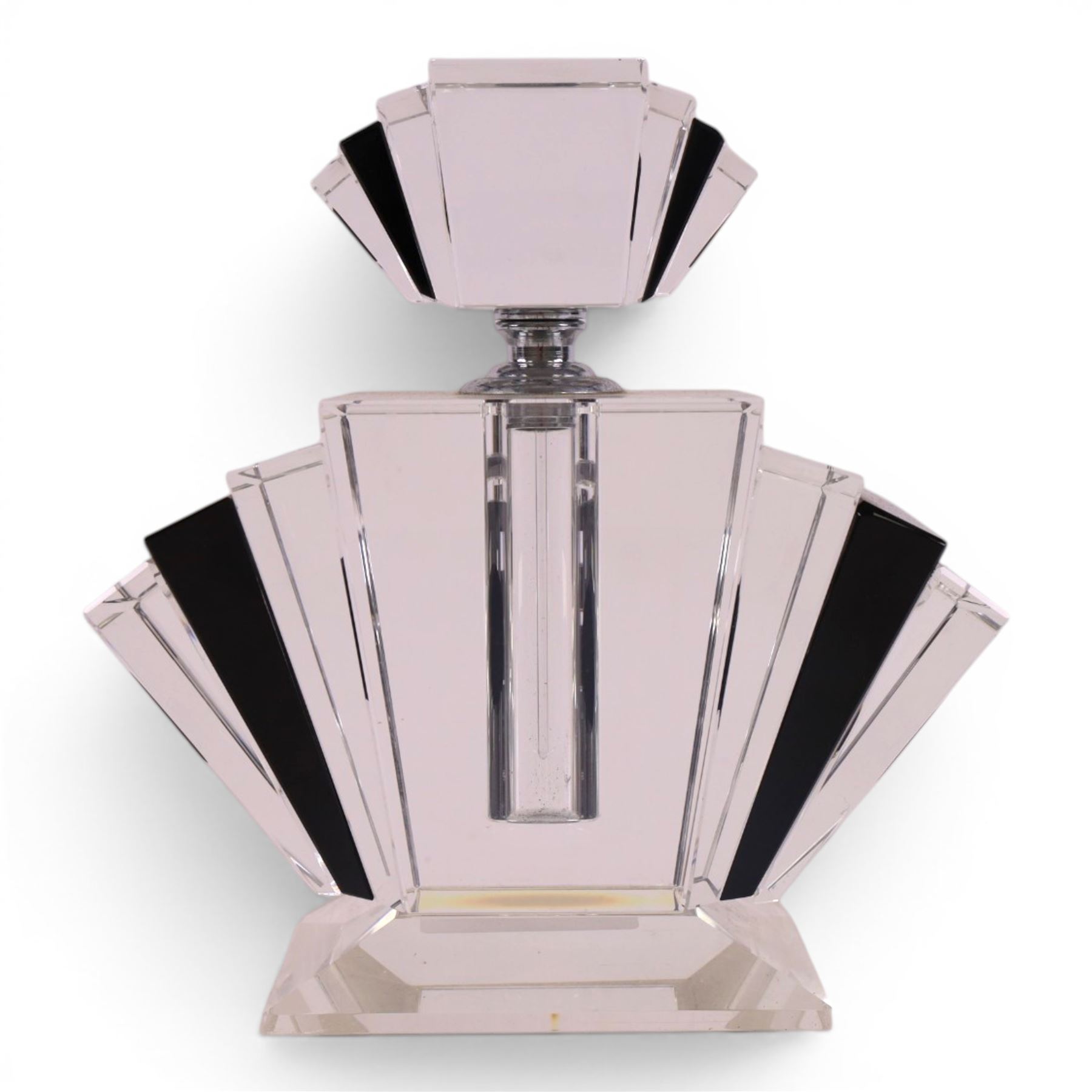 Art Deco style perfume bottle, of faceted form black and clear glass, H23cm
