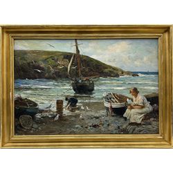 John Robertson Reid (Scottish 1851-1926): Girl on the Seashore Reading a Letter, oil on canvas signed and dated 1915, 60cm x 91cm