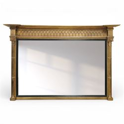 Large and impressive Regency Revival gilt framed overmantel wall mirror of architectural f...