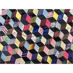 19th Century silk and satin tumbling blocks pattern patchwork quilt with black border 228cm X 196cm