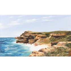 Robert Overy (British 1928-2018): Headland and Bay - Possibly Flamborough and Serene River Landscape, pair of oils on canvas board signed max 29cm x 50cm (2) (one unframed)