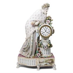 Large19th century  German porcelain mantel clock with white dial and striking movement, th...