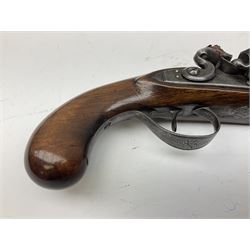 Early 19th century flintlock 16-bore overcoat/duelling pistol by William Bond Lombard Street London, the 23cm octagonal brown stub twist damascus barrel with small foresight, two barrel pins and ram rod under, inscribed Lombard Street London to the top and W. Bond to the action, full walnut stock with lightly engraved steel furniture, pineapple finial and escutcheon, half cock facility L39cm; loose mounted on later mahogany display stand with trade label