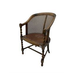 Early 20th century oak barley twist armchair, cane back