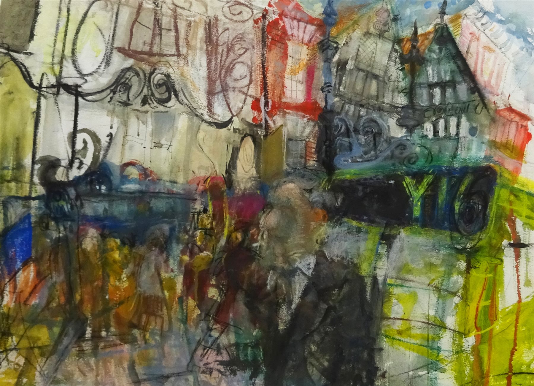 Timothy (Tim) Morrison (British 1952-): Coppergate York, mixed media on paper signed with initials 56cm x 78cm
Provenance: with the Reubens Gallery Leeds; Morrison, a graduate of Edinburgh University and the Royal College of Art, has expressed a pre-occupation with ‘the stage-like theatrical space of the city'. His paintings capture and evoke an idea of the ‘city’ with its strange juxtapositions of frantic activity and rushing crowds and historic, sleepy repose 

