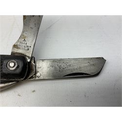 WW2 British army folding jack/clasp knife, the blade marked A.H. Bisby & Co Ltd Sheffield with broad arrow and date 1944, marlin spike and can opener; and British Navy seaman's rope pocket knife, the blade marked Venture H.M. Slater Sheffield (2)