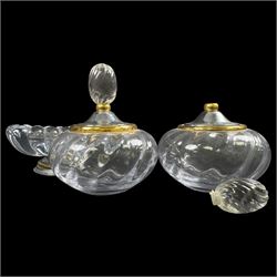  Glass vanity dish and pair of lidded vessels, retailed by Harrods, dish L17cm, H7cm