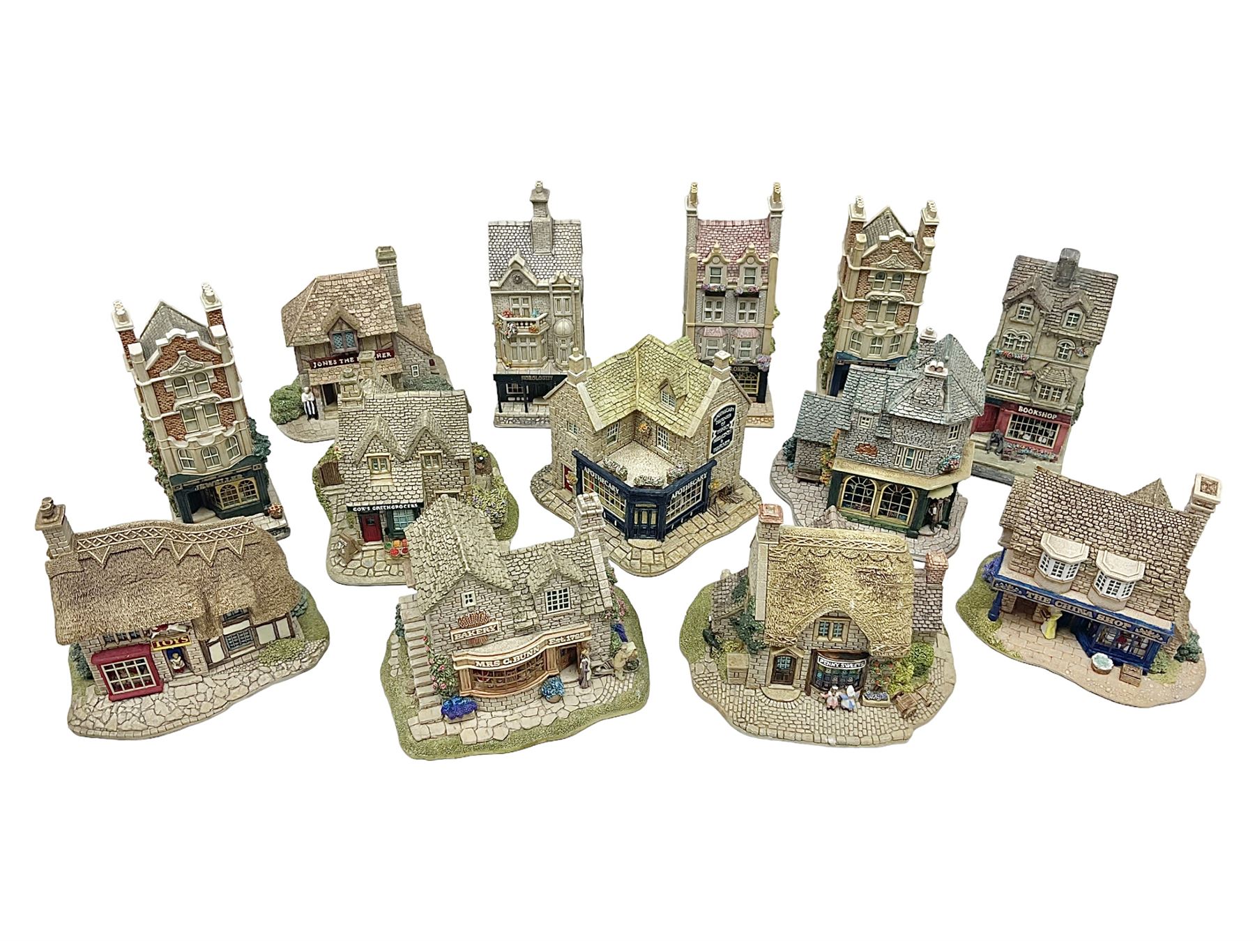 Thirteen Lilliput Lanes from the Shops Collection, including Apothecary, Horologist, China Shop, Penny Sweets, H Samuel etc, all with deeds and original boxes 