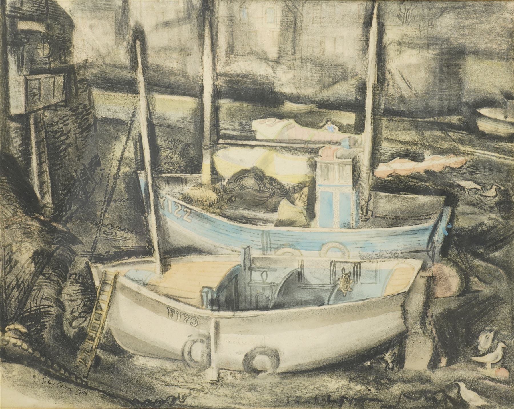 Guy Burn (British 20th Century). 'Polperro Harbour', mixed media signed and dated 1950, titled on The Leicester Galleries label verso 37cm x 47cm