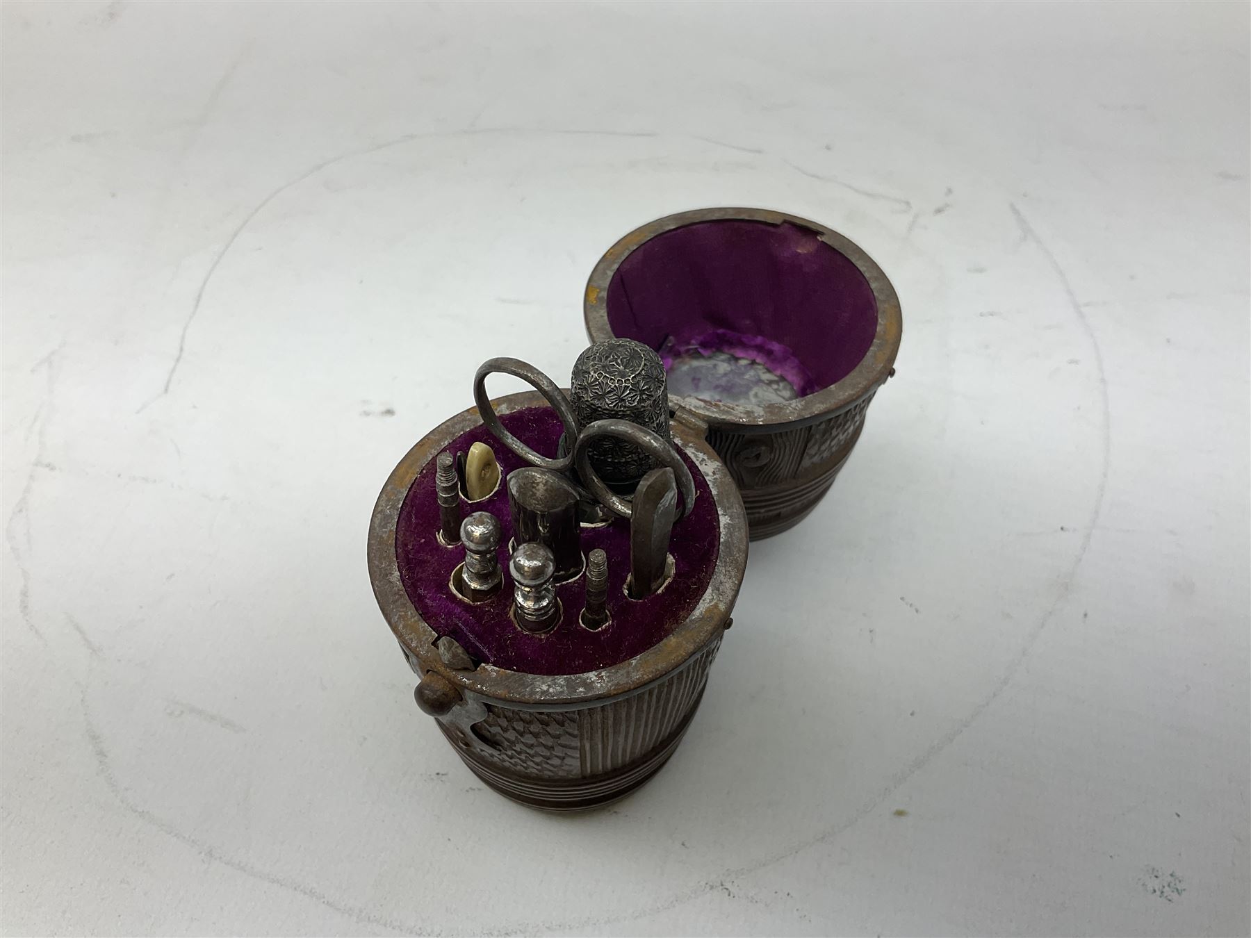 19th century wooden beehive thimble holder with silver bee decoration, black forest style pin cushion and thimble holder, modelled in the form of a standing bear and a wooden cased sewing set with silver thimble, sewing set H10cm