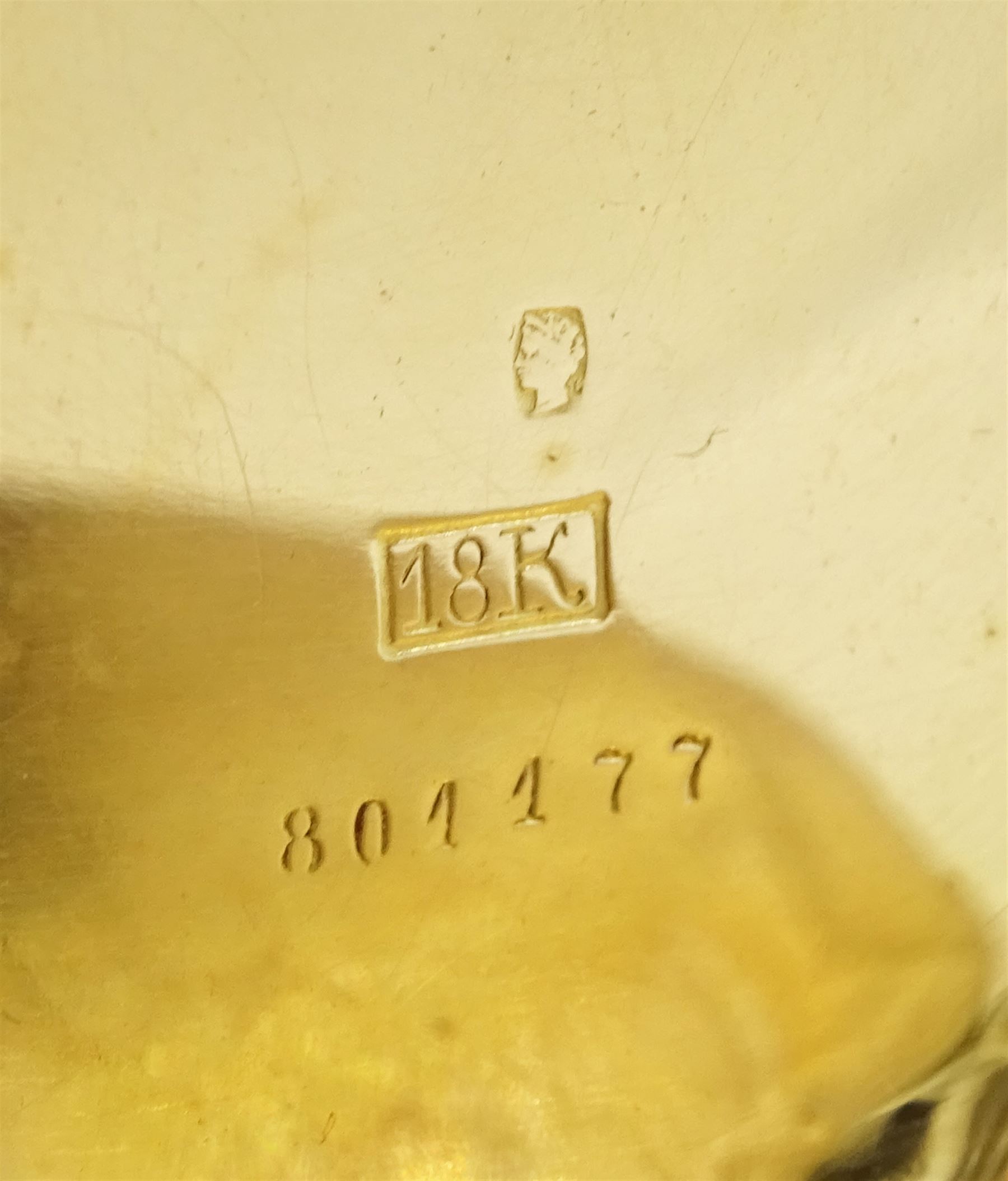 19th / early 20th century 18ct gold half hunter keyless lever pocket watch, white enamel dial with Roman numeral hour markers and subsidiary seconds dial, back case with monogramed initials, stamped 18K with Helvetia hallmark