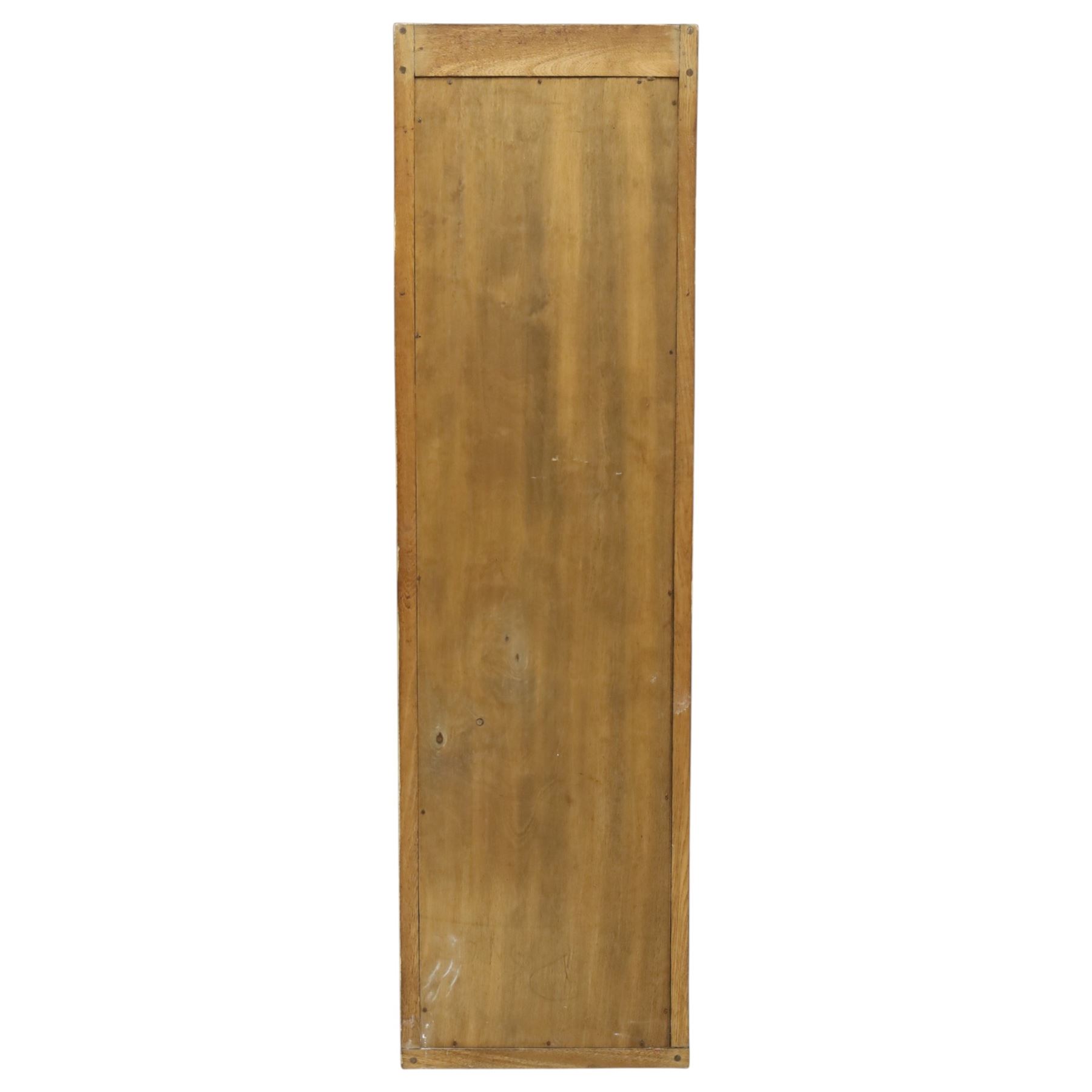 In the manner of  Yorkshire Critters - oak framed rectangular wall mirror, plain frame with carved arcade decoration to the cresting rail