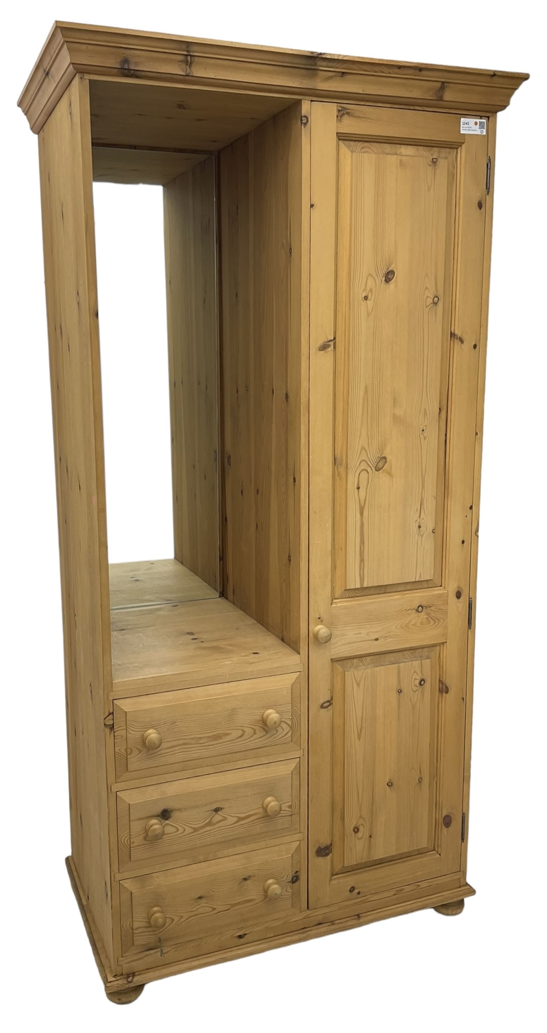 Traditional pine combination wardrobe, recessed cupboard with mirror back, fitted with single cupboard and three drawers