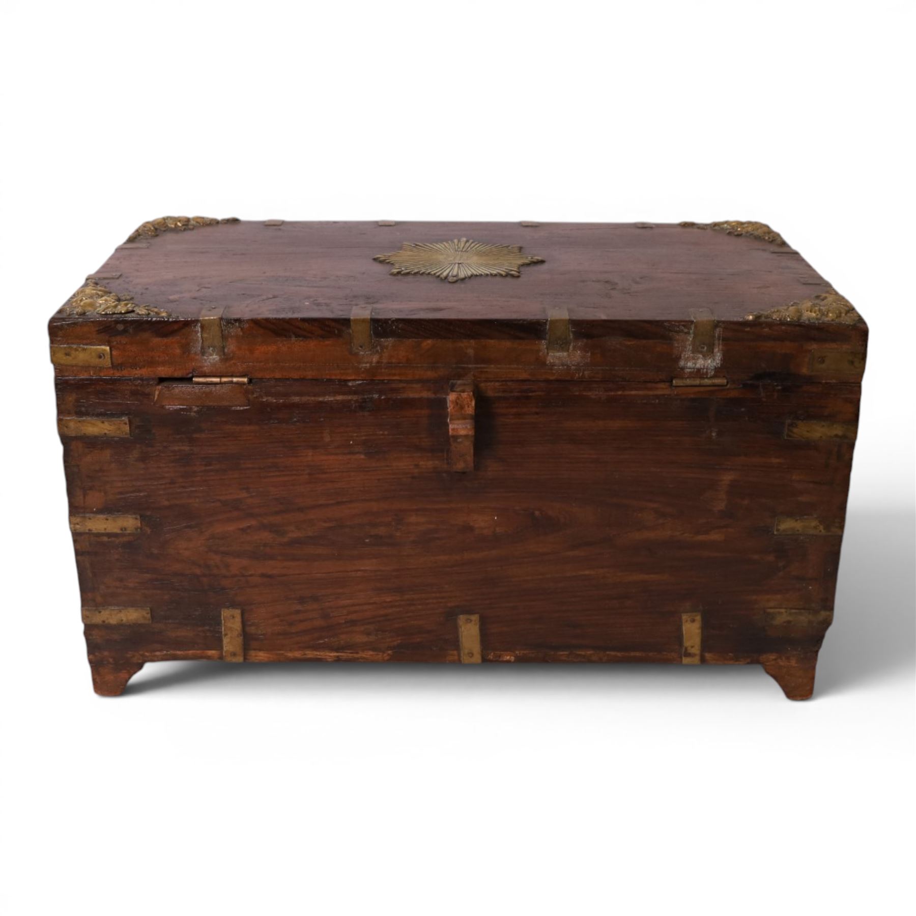 Anglo Indian brass bound chest, the hinged lid with central brass star and floral motifs to the corners, opening to reveal a fitted tray, H30cm, D30cm  