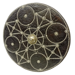  Replica Scottish Highlander's Targe by Joe Lindsay, based on an original targe which belonged to the Duke of Gordon, the wooden shield covered in tooled leather with traditional Celtic designs, brass studs and mounts with deer skin hide verso, D49cm   