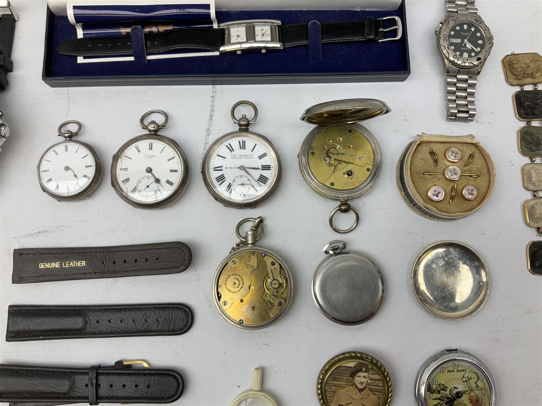 Victorian gold lava and stone set cameo bracelet, three silver pocket watches including R C. Bird Hull key wound lever,  The Veracity Masters Ltd, Rye lever, Carmichael Rotary, Dan Dare pocket watch and a collection of wristwatches including Thomas Russell & Son, 