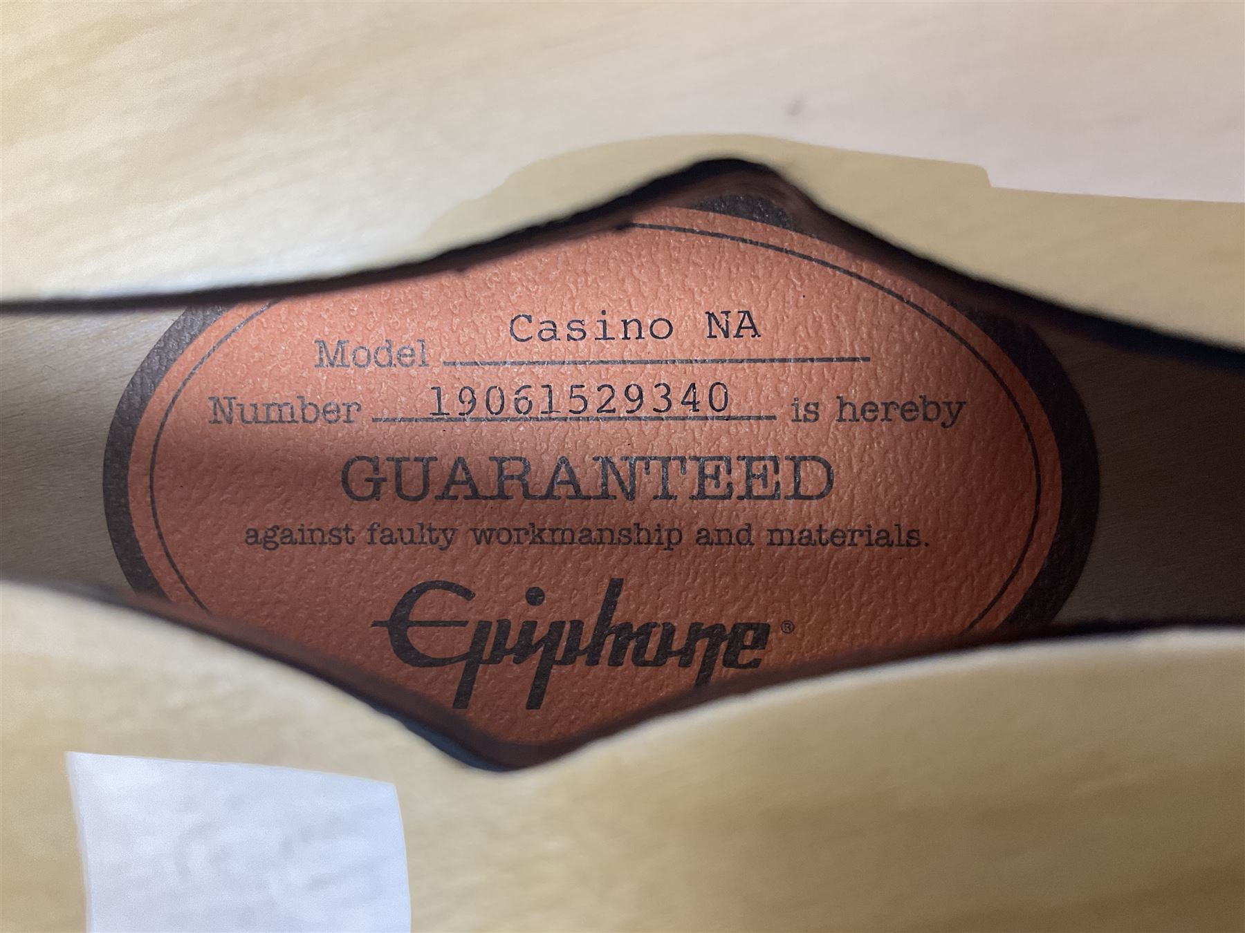 Epiphone Casino NA semi-acoustic guitar with natural maple finish and P90 pick-ups, serial no.19061529340, L105cm overall; in original hard carrying case
