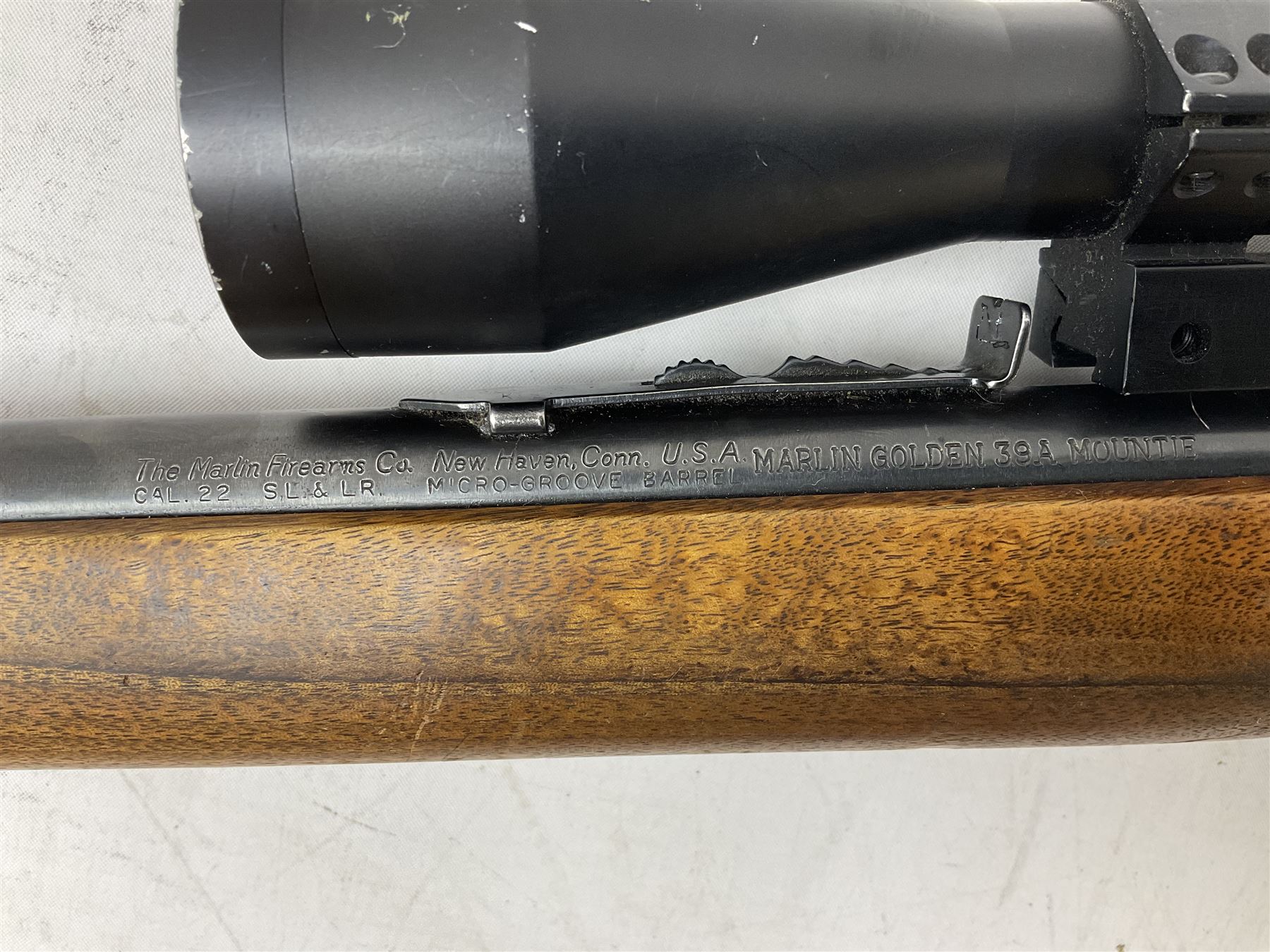 Marlin Model 39A Mountie .22 rim-fire rifle with 51.5cm barrel and under lever action with Bisley 3-9 x 40 variable scope L93cm overall SECTION 1 FIRE-ARMS CERTIFICATE REQUIRED