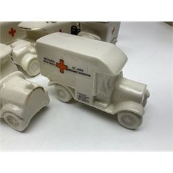 Ten WW1 crested china military models comprising seven field ambulances and three 'Home Fires Burning' fire-surrounds/range; various makers including Willow Art, Arcadian China, Grafton China, Savoy China, Carlton China etc; various crests including Devon, Aldershot, Portsmouth, West Ham, Coventry, Oxford, Hastings, Brighton etc (10)