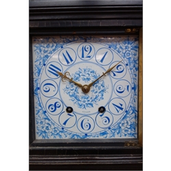  Aesthetic movement mantel clock, ebonised case with gilt lined detail, ceramic dial and inserts and brass framed bevel glazed door twin train movement striking the half hours on a coil, H43cm  