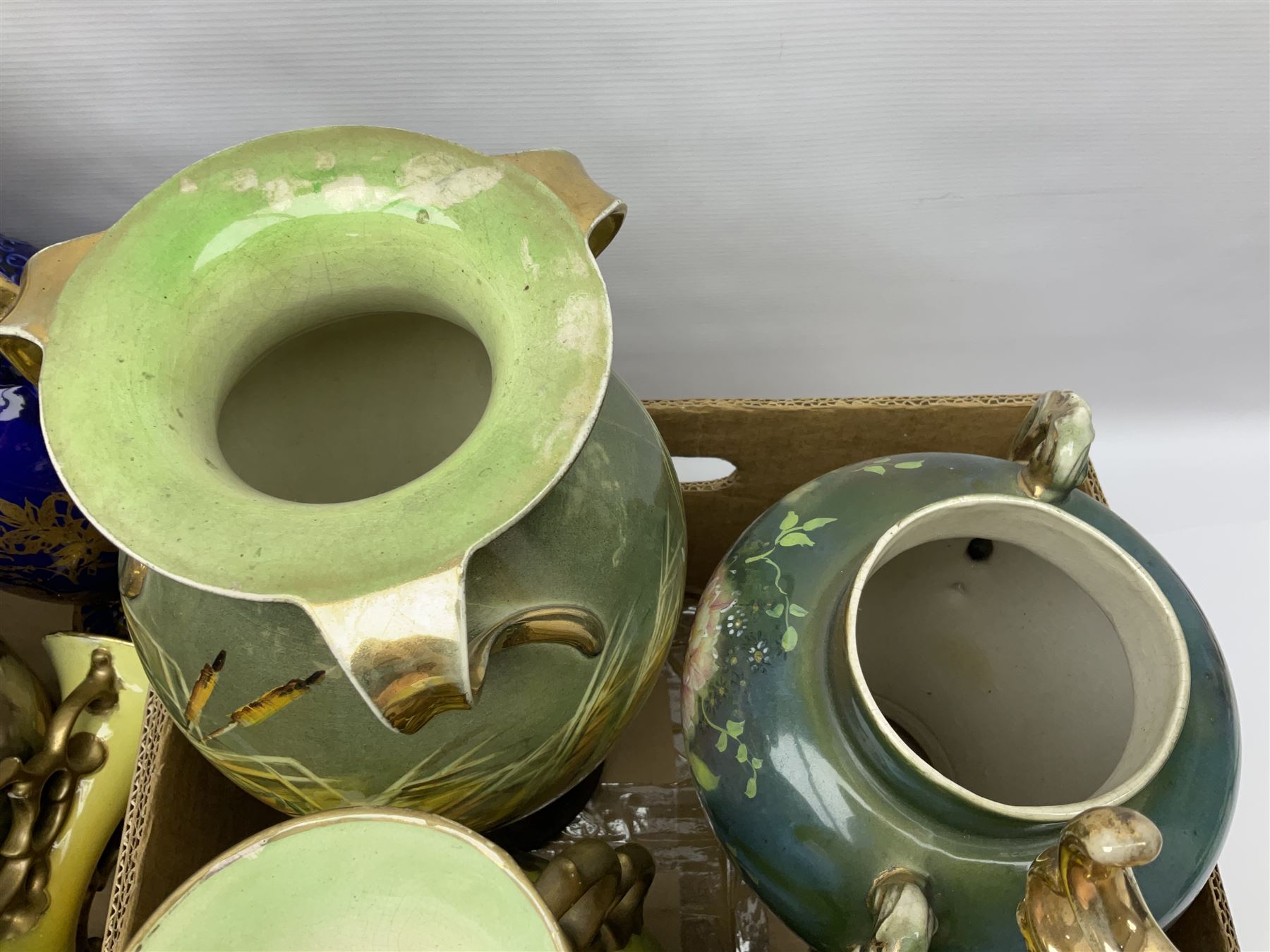 Continental hand painted vase, together with eight large Victorian vases, including some St Louis Artware examples and a pair painted with swans, tallest H50cm