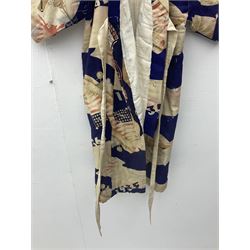 1930s Japanese fully lined kimono decorated with Japanese naval vessels and bi-planes, Japanese, American and British flags and dated 1935; looks to be child's size