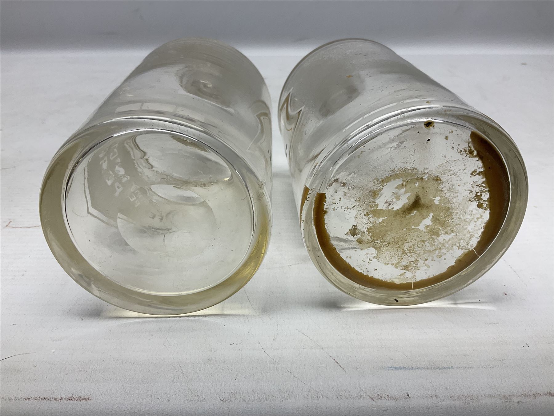 Three Victorian apothecary chemist bottles complete with labels and glass stoppers, H22cm