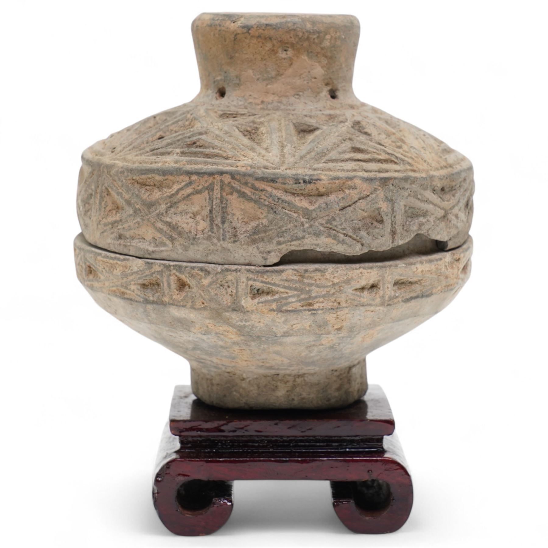 Chinese Western Han Dynasty pierced and carved earthenware incense burner,  c.206BC-24AD, on hardwood stand, H12.5cm 
