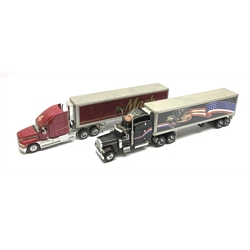 Two Franklin Mint 1:32 scale die-cast models of American Trucks comprising Peterbilt Model 379 truck and trailer and Mack truck and trailer, in four boxes