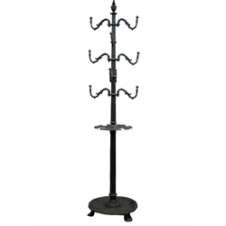  Cast iron hat and coat stand, with ten scroll branches and stick divisions on fluted column with urn finial, leaf scroll cast circular base and feet, H210cm  