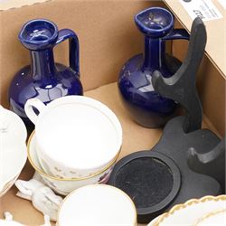 Fieldings Crown Devon items including fruit bowl, five dessert bowls and teapot, Poole pottery preserve jar, Sylvac posy holder, Frosted art glass tulip vase, similar lily vase, two Belleek saucers, assorted cups and saucers etc contents in two boxes