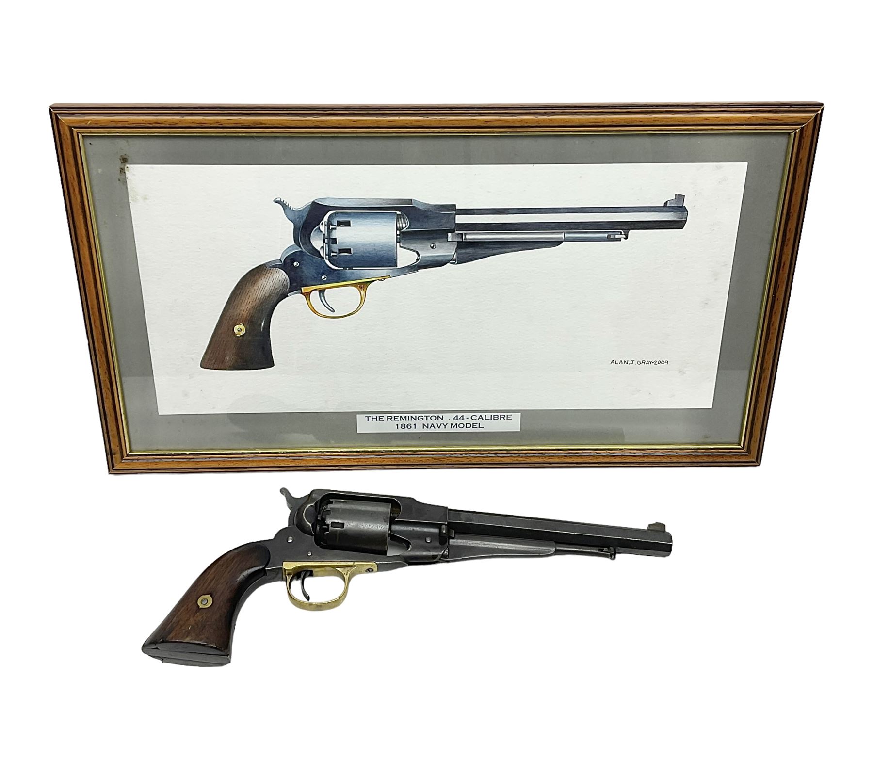 Unmarked Spencer & Rogers type Remington style .44 cal. six-shot percussion revolver, 20cm octagonal barrel with loading lever under, brass trigger guard and two-piece wooden grip L37cm overall; together with a framed watercolour by Alan J. Gray dated 2009 entitled 'The Remington .44 Calibre 1861 Navy Revolver'  19 x 42cm (2)