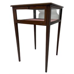 Edwardian inlaid mahogany bijouterie cabinet, glass inset top in moulded frame with satinwood band, fall front glazed door, on square tapering supports 