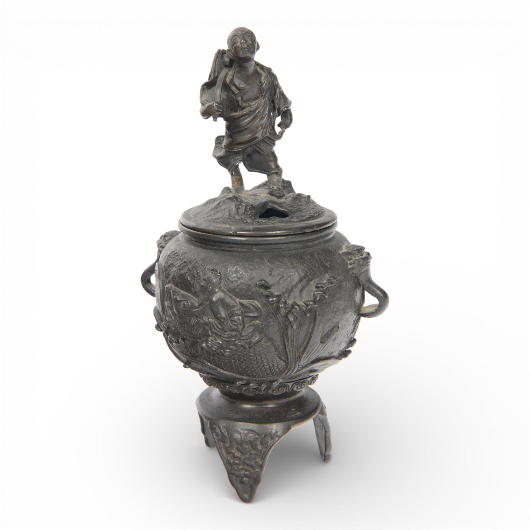 Pair of Japanese bronze koro, raised upon three feet, he body of the koro decorated with figures and animals, the cover mounted with figures, H24cm