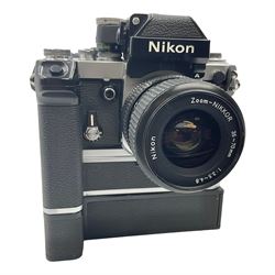 Nikon F2A Photomic camera body, serial no. 7844439, with 'Nikon Zoom-NIKKOR 35-70mm 1:3.5-4.8' lens, serial no. 5352031, Nikon MD1 Motor Drive, serial no. 208608 and Nikon MB1 battery pack