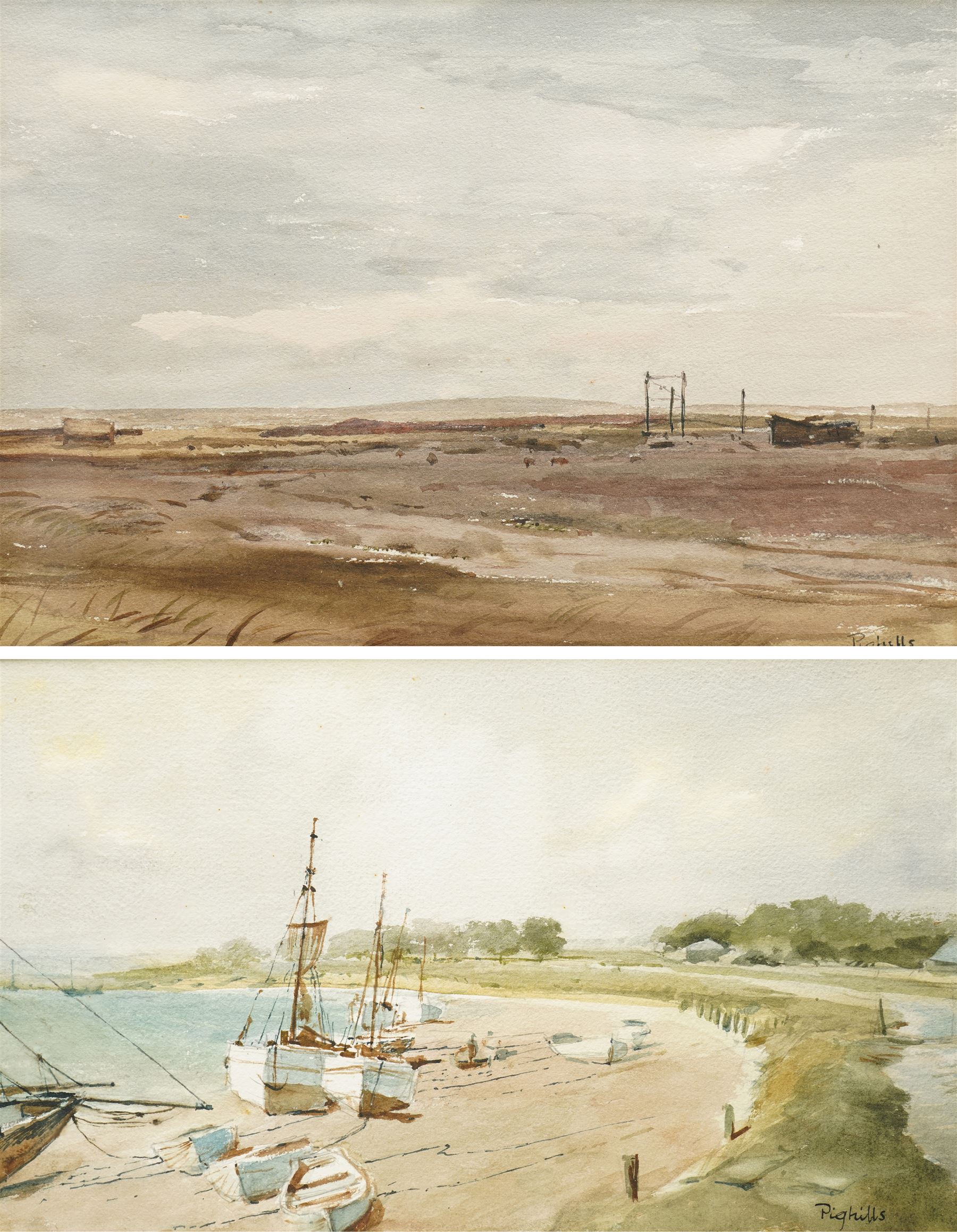 Joseph Pighills (British 1902-1984): 'West End - Haworth Moor' and 'Estuary of the Blackwater Maldon - Essex', pair watercolour signed, inscribed verso 25cm x 36cm (2)