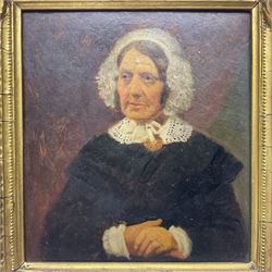 19th century oil on board, depicting an older female in black robes and lace bonnet and collar, in gilt frame, together with three early 20th century and later silhouettes, to include one depicting a side profile of a young female in a fascinator, an older woman in a bonnet and a young gentleman with a ruffle collar, all in black frames, largest frame H16.4cm