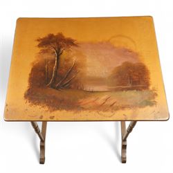 French 19th century painted nest of tables, the largest depicting a romantic scene of courting lovers by a swan lake, indistinctly signed L Desi**, the smaller tables painted with rural landscapes, the painted rectangular tops raised on ring turned end supports united by stretcher