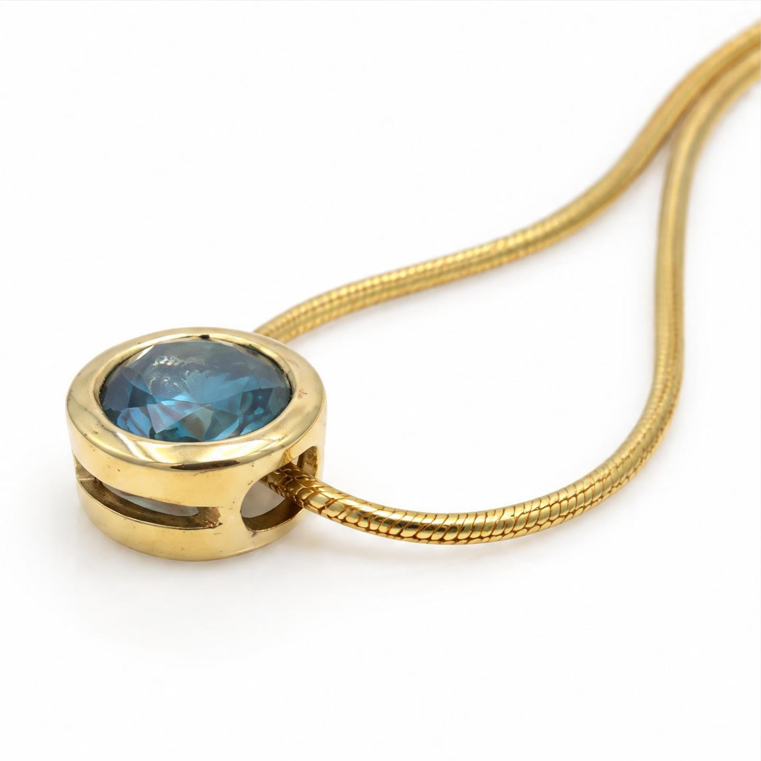 18ct gold fancy blue diamond necklace, single bezel set round brilliant cut diamond pendant, on snake link chain necklace, stamped 750, total diamond weight approx 0.60 carat