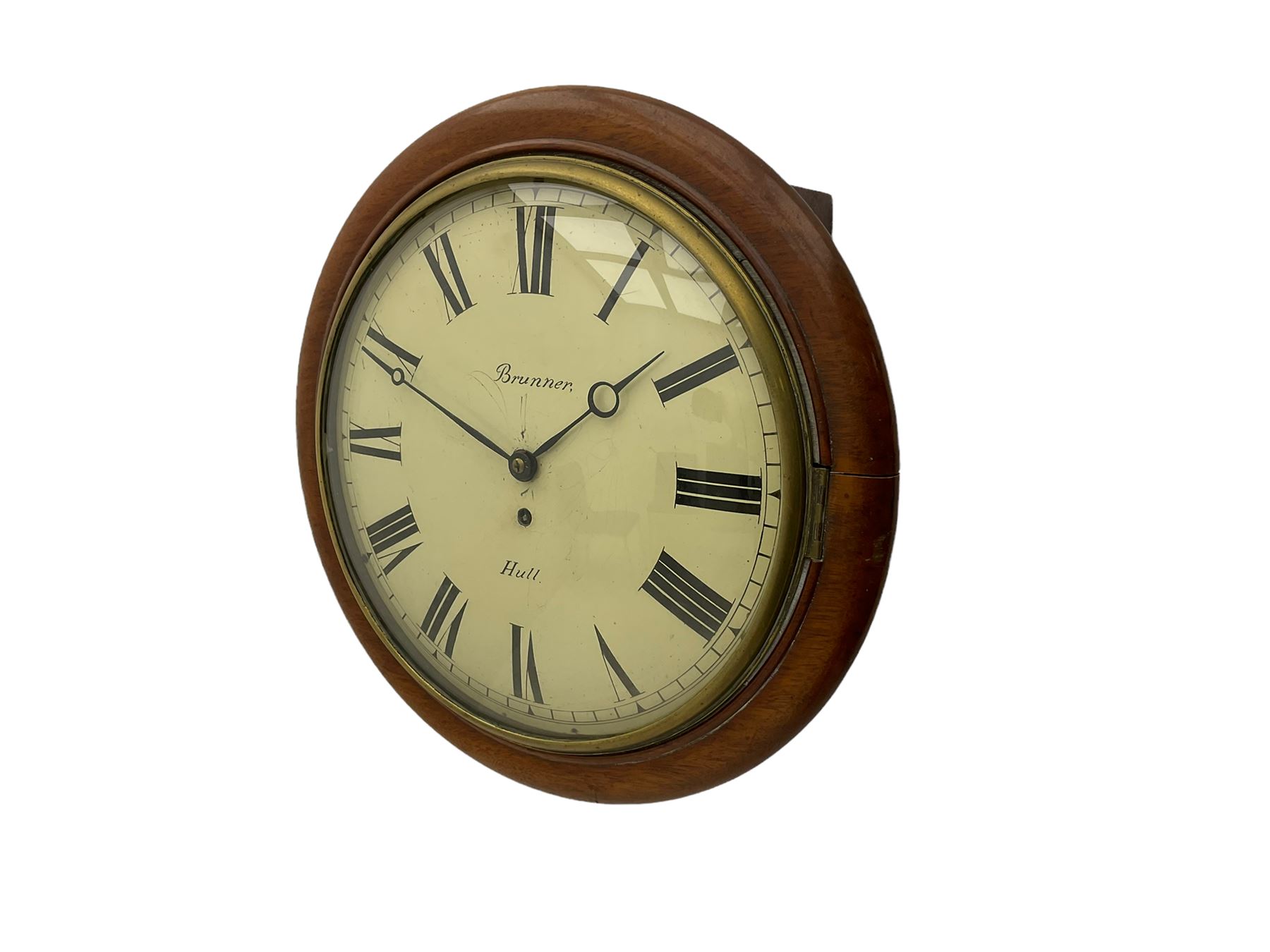 A late 19th century 8-day wall clock with a 15” mahogany bezel and 12” painted convex dial with a cast brass bezel, Roman numerals, minute track and matching steel moon hands, dial inscribed “Brunner, Hull” with a single train fusee movement, anchor escapement, rectangular movement plates with chamfered shoulders, case with two side doors and pendulum adjustment door to the curved base. With pendulum.  
****Engelbert Ignatius Brunner from Baden (Germany)  worked from Queen Street Hull . c 1886-1907.

