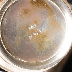 Silver three piece condiment set of circular design and two original spoons, cased Birmingham 1937-1939 Maker Deakin & Francis Ltd 