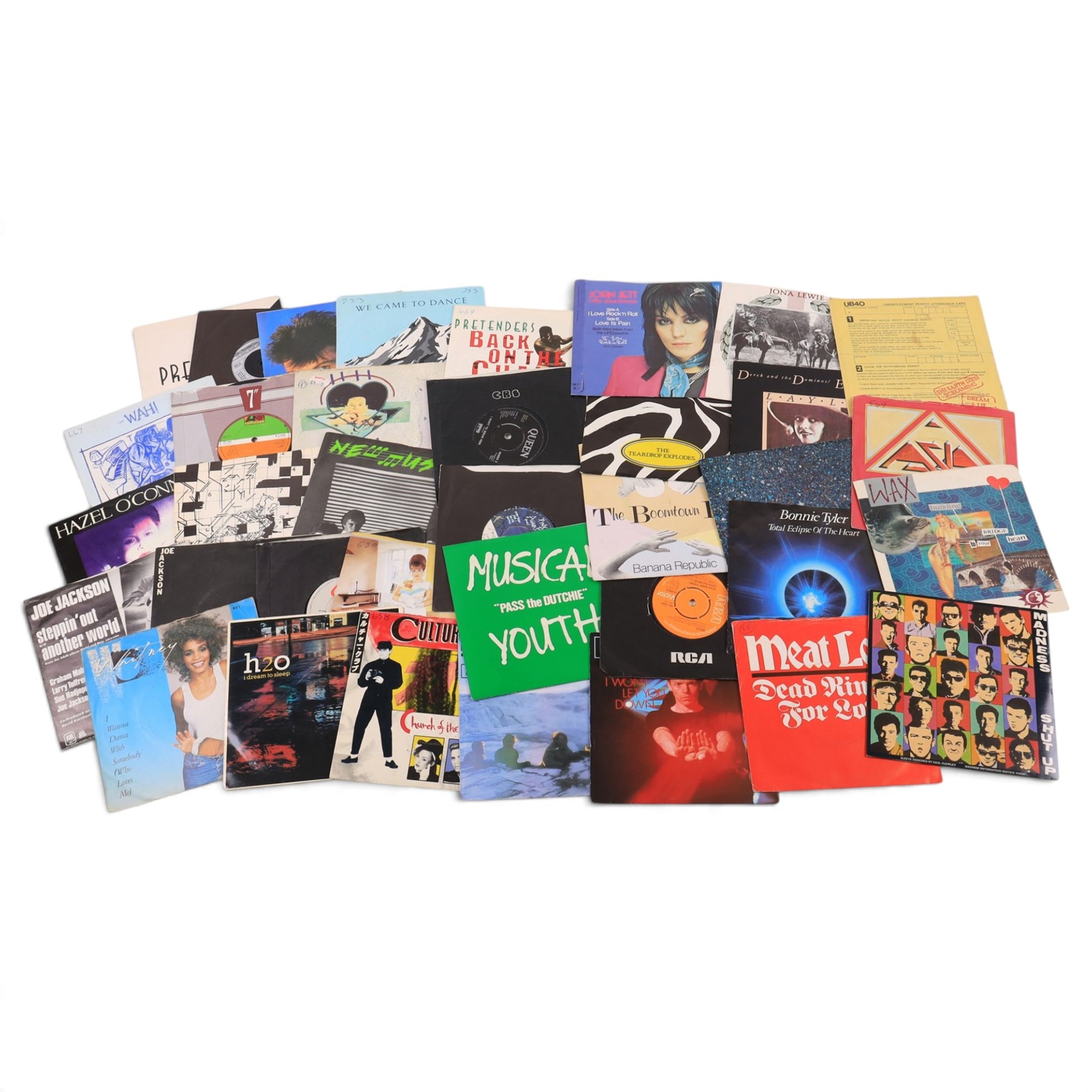 Collection of 7 inch mostly Rock/Pop 45s, including Queen, Pretenders, Duran Duran, The Police, Blondie, Whitney Houston, Culture Club, Meatloaf, etc 