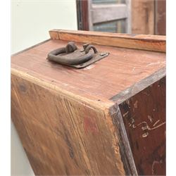 Pair of stained pine long boxes, early 20th century, with hinged lids and moulded base, one with wrought iron carry handle to each end. L203cm, D48cm, D20cm.  - COLLECTION BY APPOINTMENT FROM: The White House, Thirsk Road, Easingwold, York, YO61 3NF - CALL 01723 507111 TO ARRANGE