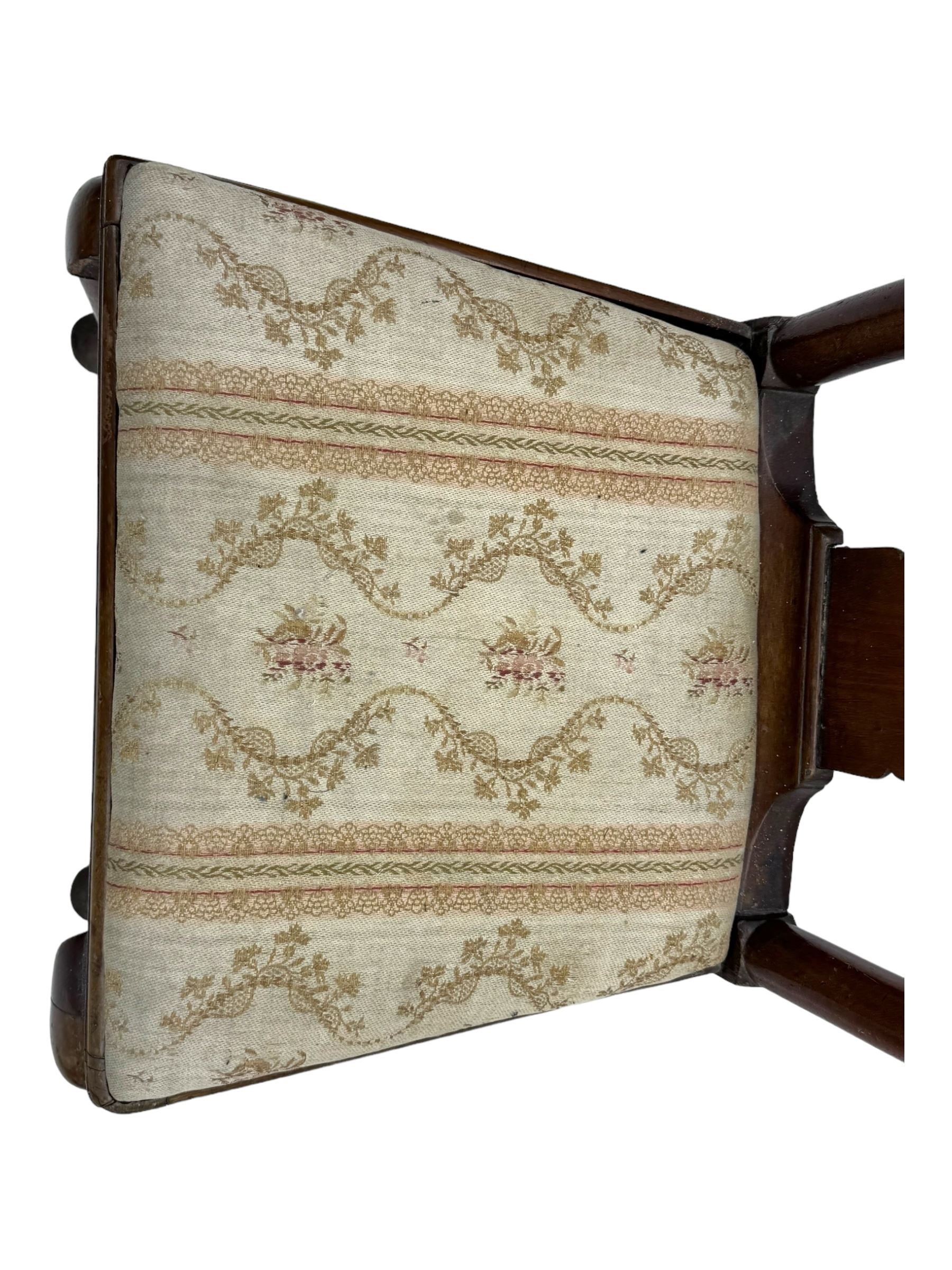 Pair of 19th century Queen Anne design walnut framed side chairs, yoke crest rail over vase-shaped splat, upholstered drop-in seats, raised on cabriole supports with pad feet united by turned stretchers