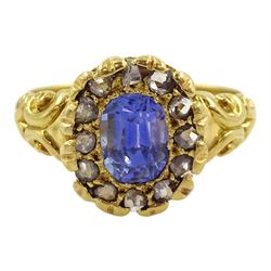 Victorian 18ct gold sapphire and diamond cluster ring, London 1894, sapphire approx 1.05 carat