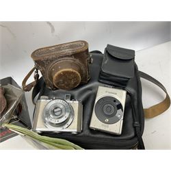 Quantity of cameras, to include Zeiss Ikon 'Contaflex' with 'Tessar 1:2,8 50mm' lens, Olympus Pen camera, etc, some in cases, camera accessories, and Greenkat 60mm Spotting Scope with case and box