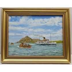 J C Burnie (British 20th century): Paddle Steamer Caledonia off Holy Isle, oil on canvas signed 29cm x 39cm