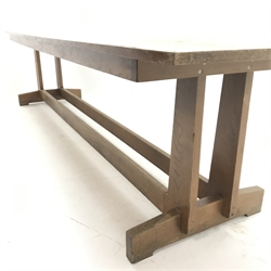 Early 20th century oak 10' refectory style table, tapering supports joined by double floor stretcher, shaped sledge feet, W305cm, H74cm, D76cm