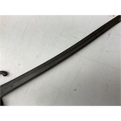 French Model 1866 sabre bayonet with 57cm fullered steel curving blade; in steel scabbard L71cm overall; another Model 1866 sabre bayonet lacking scabbard; and British Pattern 1856 sword bayonet (no scabbard) (3)