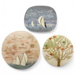 Anne Plant (British 1934-2019): 'Water Signals' 'Tree of Life' and 'Sea Picture', set three stoneware wall-hanging sculptures, signed and titled verso, largest D25cm (3)